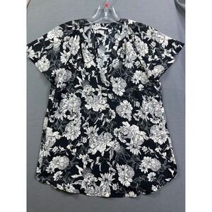 HM Women's XS Black White Floral V-Neck Short Sleeve Blouse Top Chiffon Style
